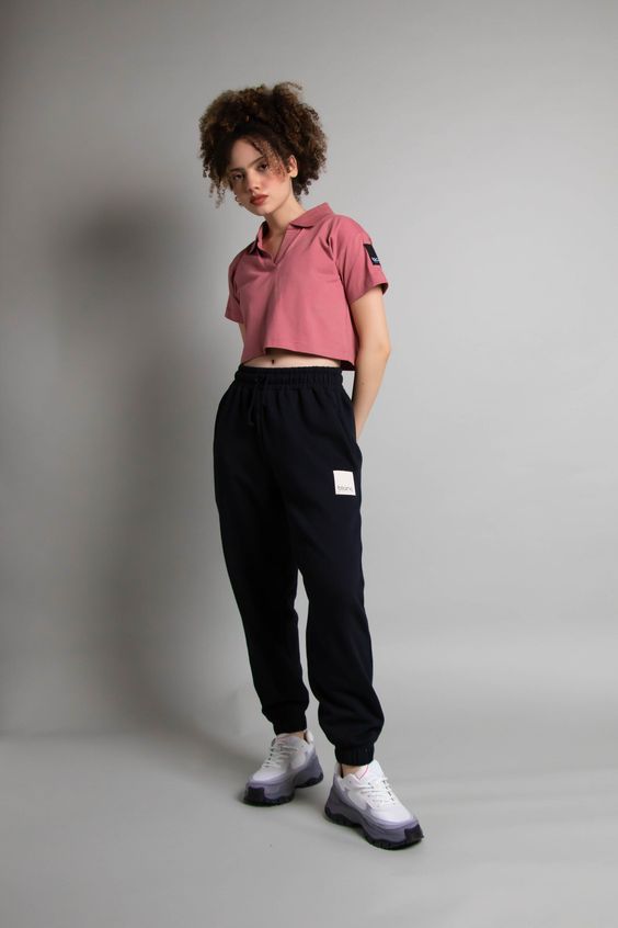 Pink Crop Polo with Black Sweatpants and Sneakers